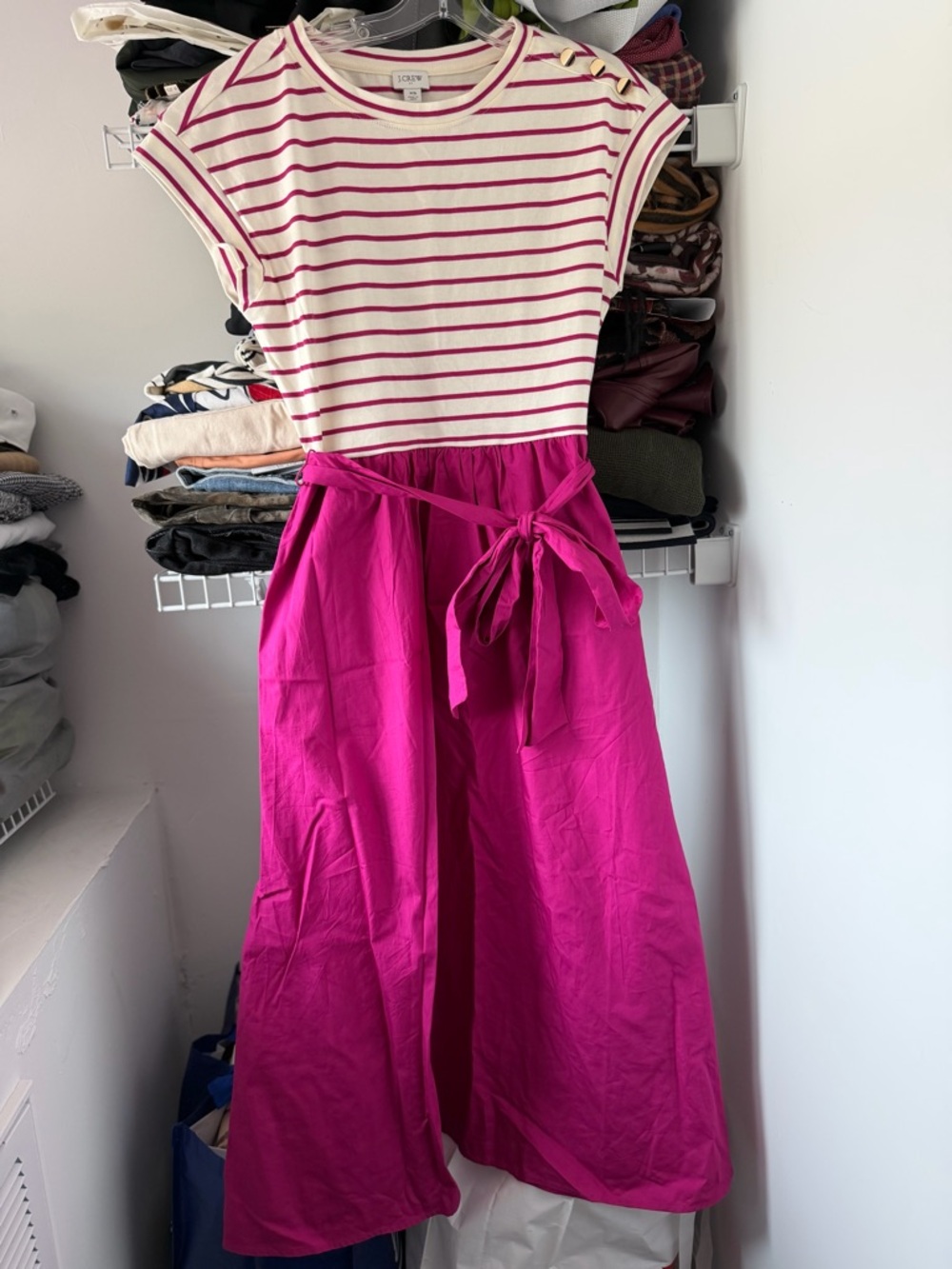 J Crew Maxi Dress Striped White & Magenta Pink Tie-Waist Womens XS